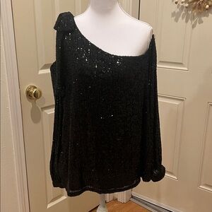 Never worn Black, sequined off one shoulder with bow detail top